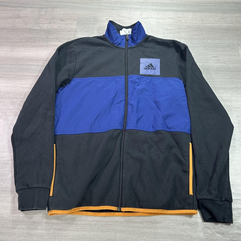 Adidas Fleece Track Jacket Mens Medium Black‎ Blue Colorblock Full Zip GU1805